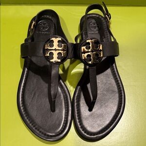 Tory Burch Eleanor Black Leather Sandals with Gold Emblem